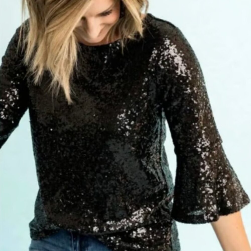 Women's XS Gibson X Glam Black Sequin bell arm top